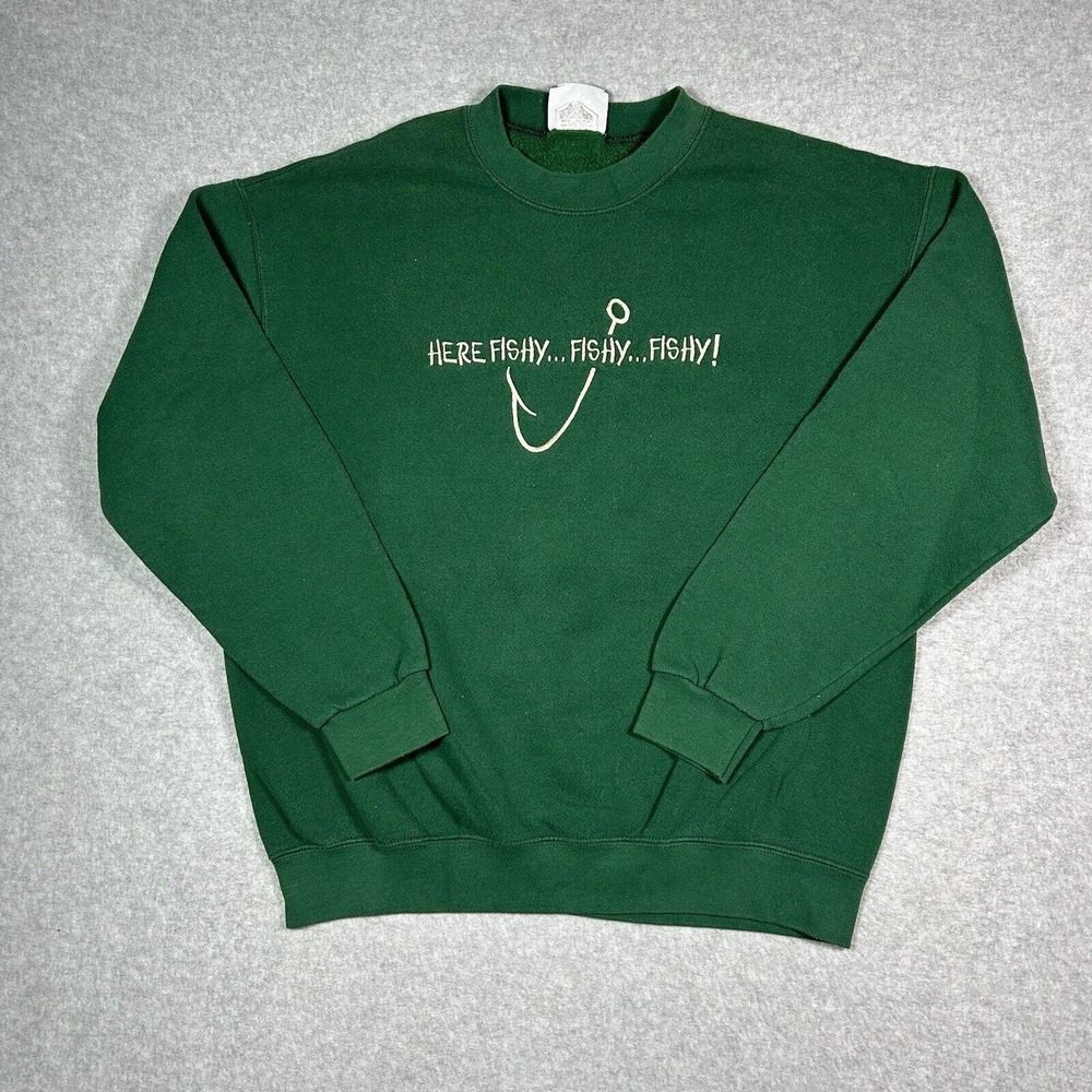 VTG 90s Here Fishy Fishy Fishing Crewneck Sweatshirt Sz Large Green